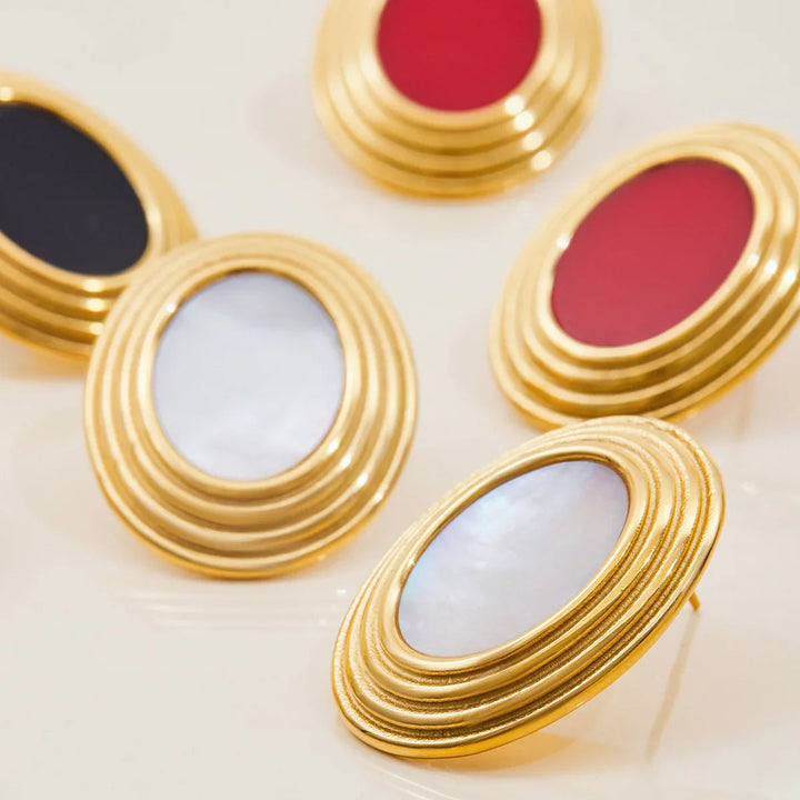 Gold Plated Enamel Stud Oval Retro Earrings for Women