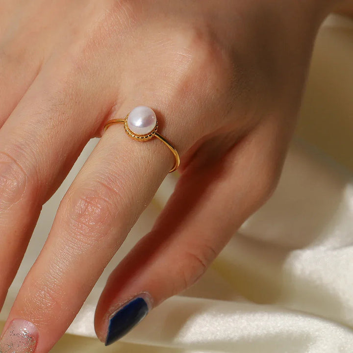 Gold-Plated Faux Pearl Adjustable Ring for Women