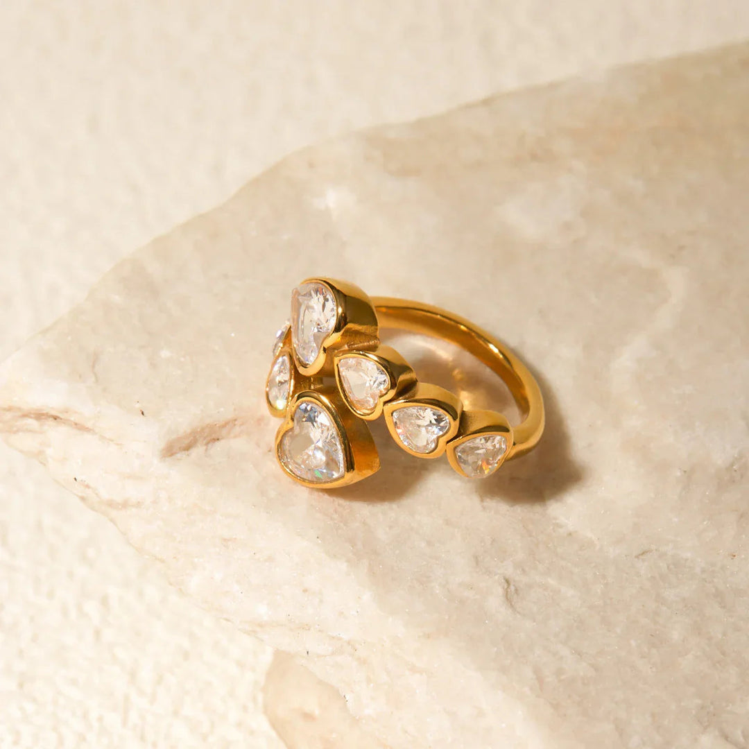 Gold-Plated Adjustable Heart Ring with CZ Stones