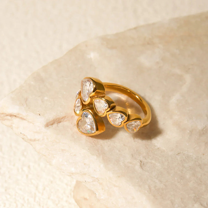 Gold-Plated Adjustable Heart Ring with CZ Stones