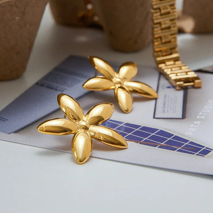 Gold Plated Stainless Steel Floral Stud Earrings for Women