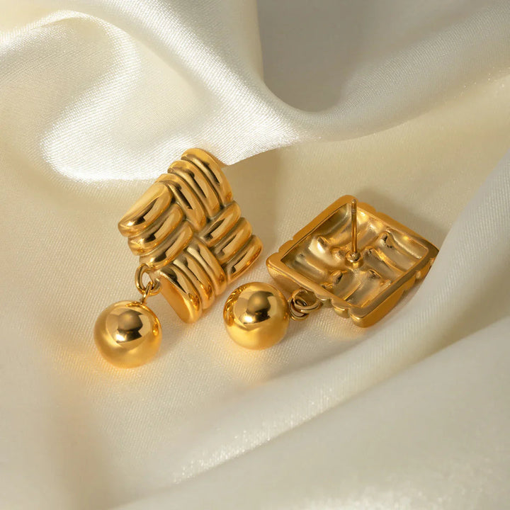 Gold-Plated Crisscross Square Earring and Whimsical Sphere Detail