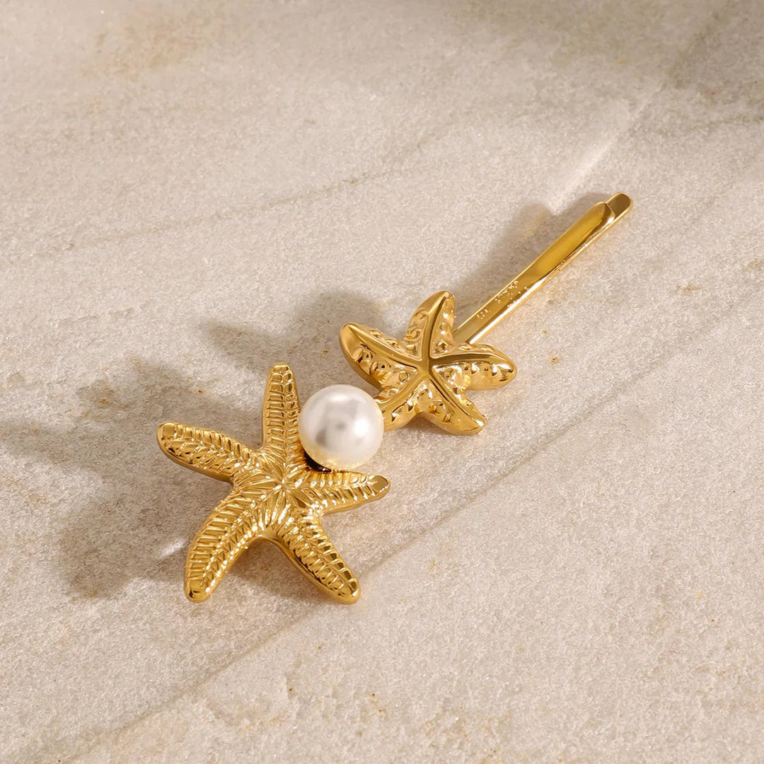 Gold-Plated Twin Starfish-Freshwater Pearl French Pin
