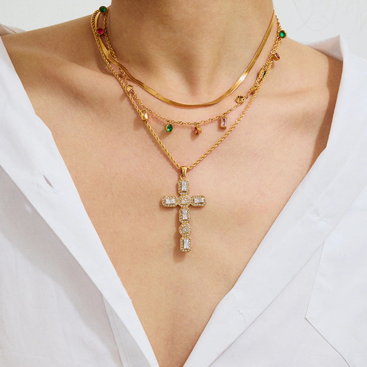 Gold Plated Cubic Zirconia Cross Pendant Necklace Women
