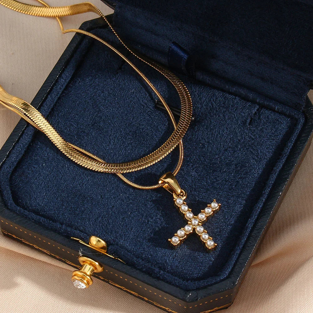 Gold-Plated Layered Initial Letter Necklace with Freshwater Pearls
