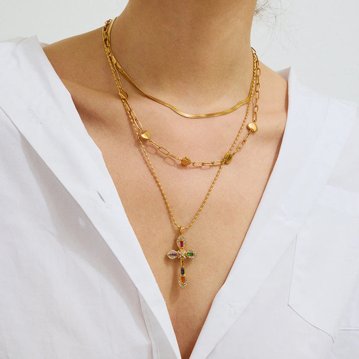 Gold-Plated CZ Cross Pendant Necklace for Women