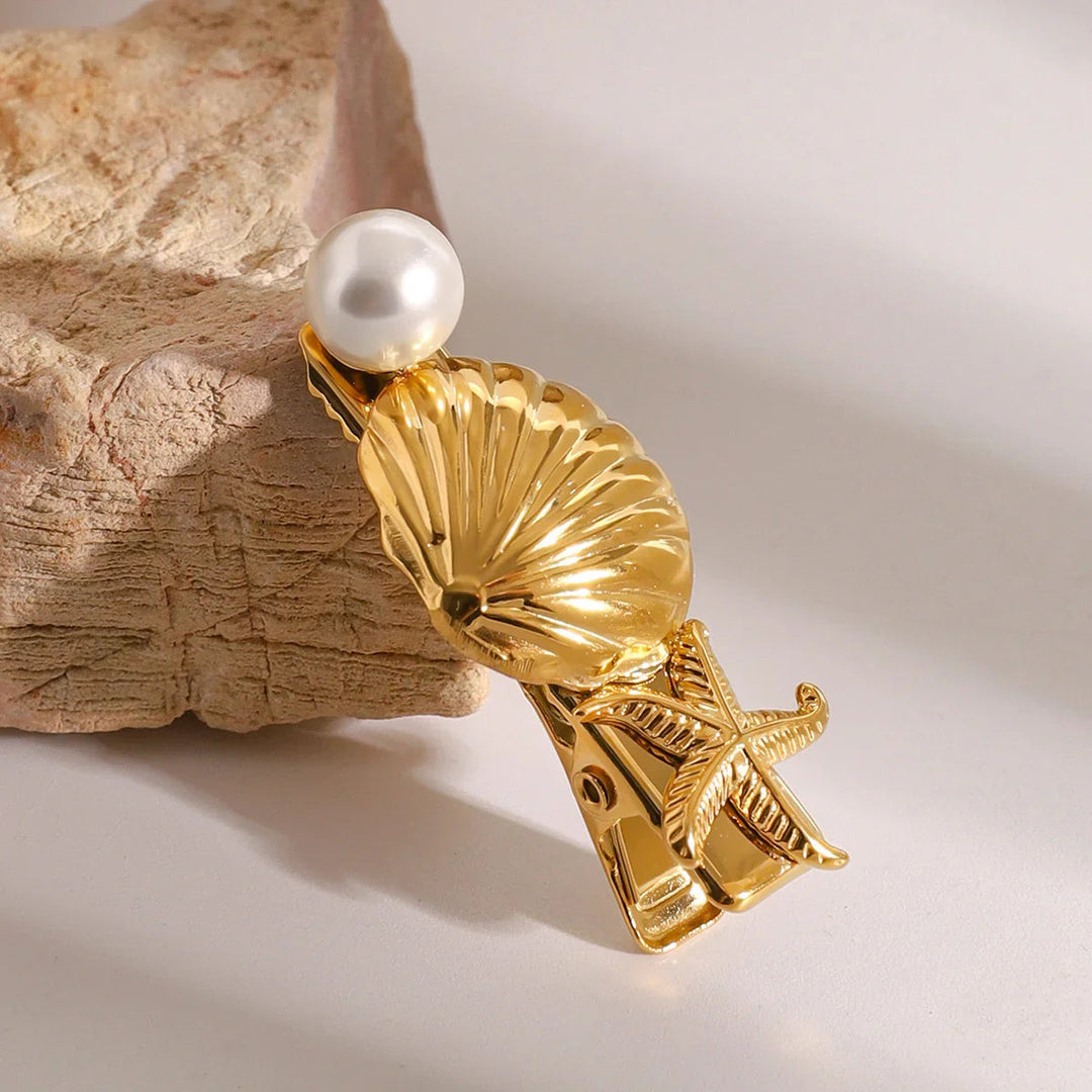 Gold-Plated Seashell Starfish and Faux Pearl Hair Clip