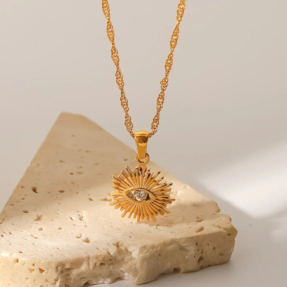 Gold-Plated CZ Sun Pendant Necklace for Women