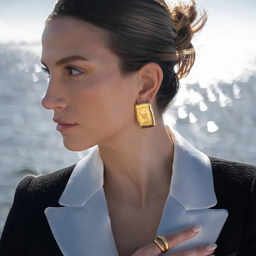 Gold-Plated Hammered Rectangular Earrings