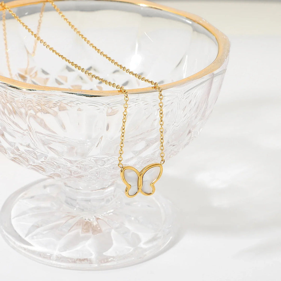 Gold-Plated Faux Pearl Butterfly Pendant Necklace for Women