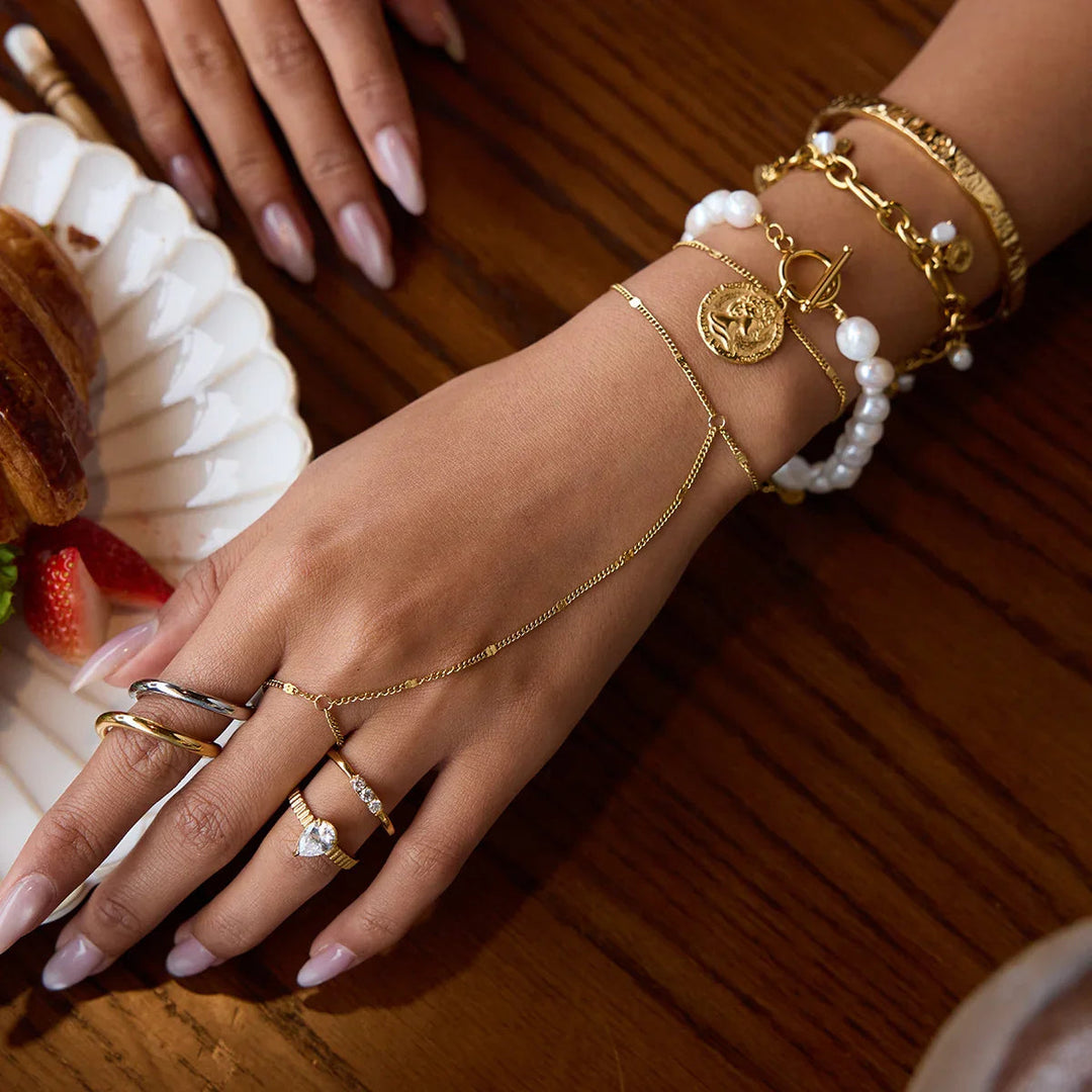 Gold Plated Stainless Steel Hand Chain Bracelet for Women