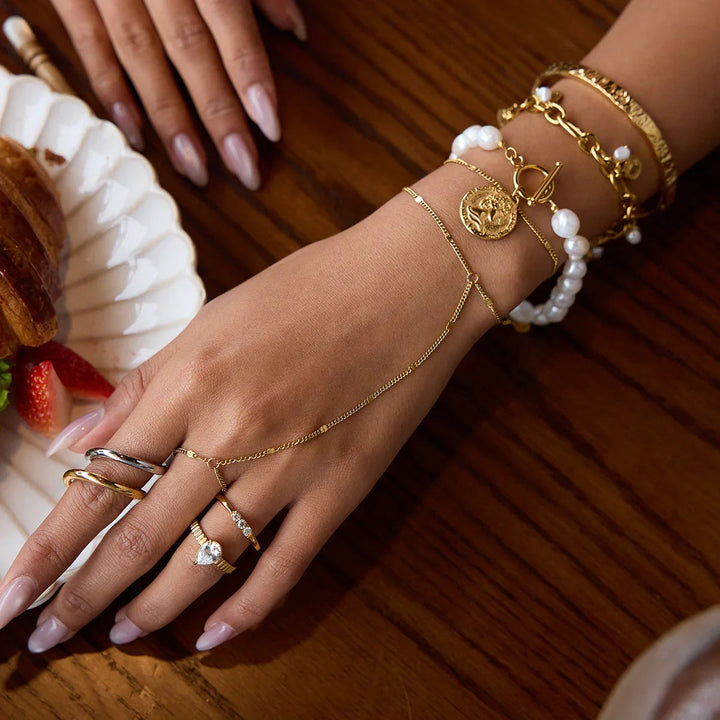 Gold Plated Stainless Steel Hand Chain Bracelet for Women