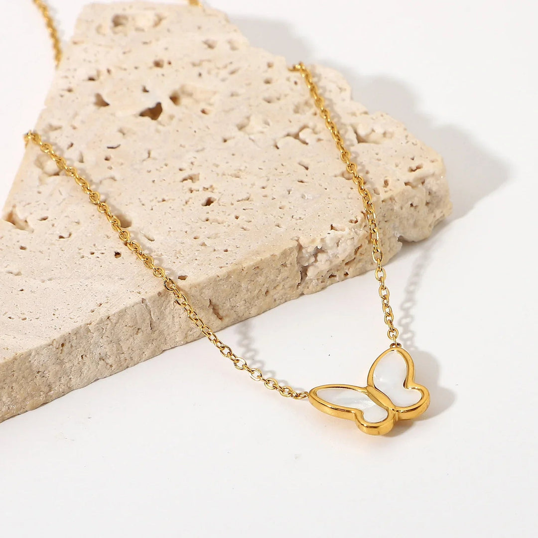 Gold-Plated Faux Pearl Butterfly Pendant Necklace for Women