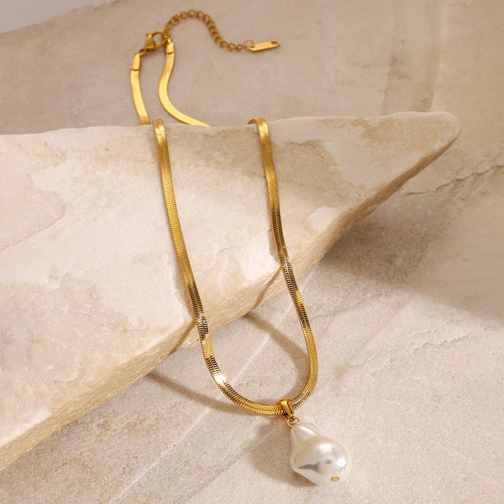 Gold-Plated Faux Pearl Herringbone Pendant Necklace
