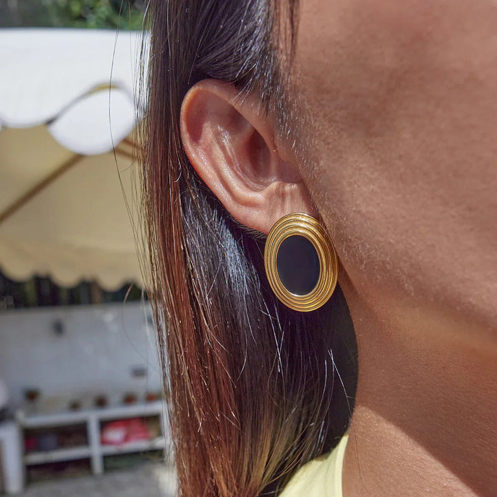 Gold Plated Enamel Stud Oval Retro Earrings for Women