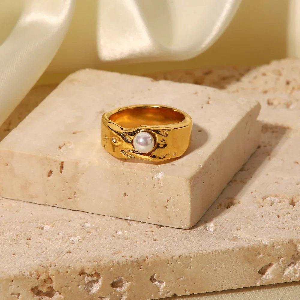 Gold-Plated Faux Pearl Statement Ring for Women
