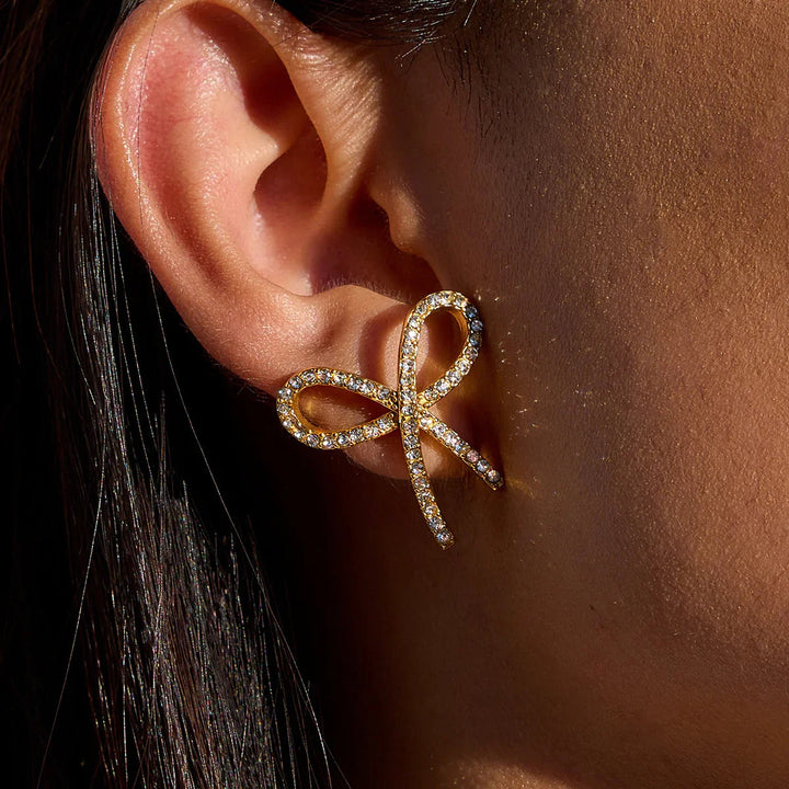 Gold Plated Bow Stud Cubic Zirconia Earrings for Women