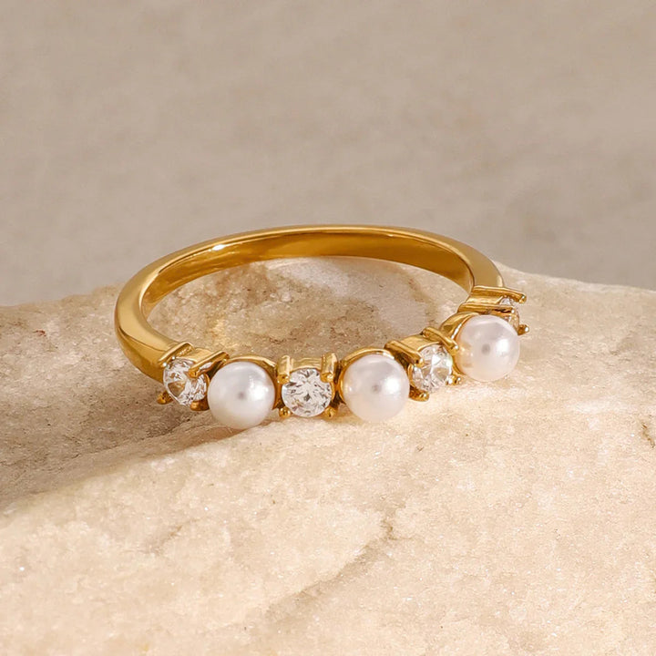 Gold-Plated Faux Pearl CZ Ring for Women