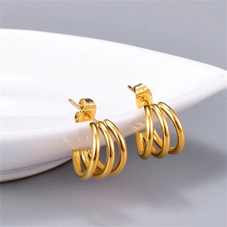 Gold-Plated Hoop Earrings Women Triple Band
