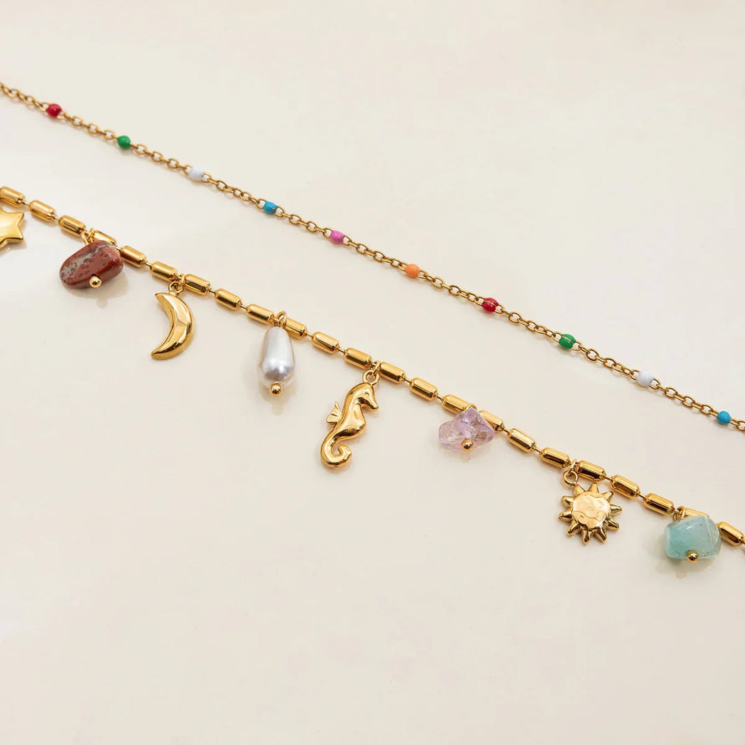 Gold Plated Faux Pearl Charm Layered Necklace for Women