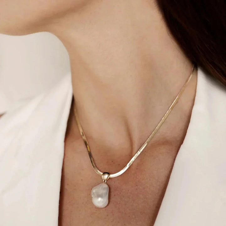 Gold-Plated Faux Pearl Herringbone Pendant Necklace