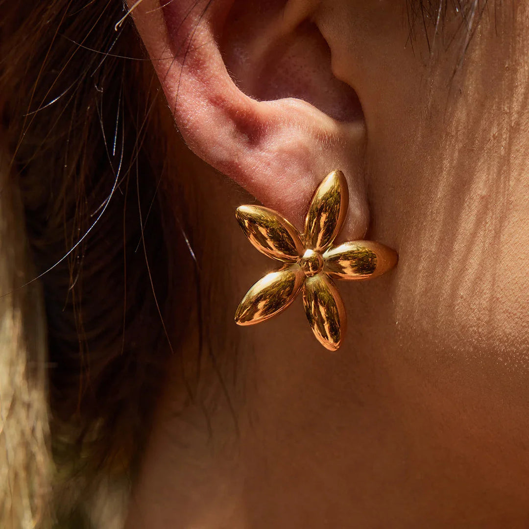 Gold Plated Stainless Steel Floral Stud Earrings for Women