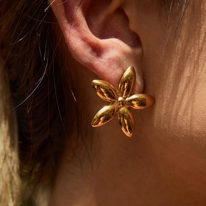 Gold Plated Stainless Steel Floral Stud Earrings for Women