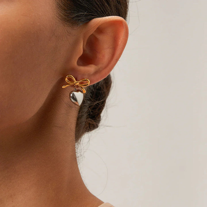 Gold and Silver Two-Tone French Knot Heart Earrings