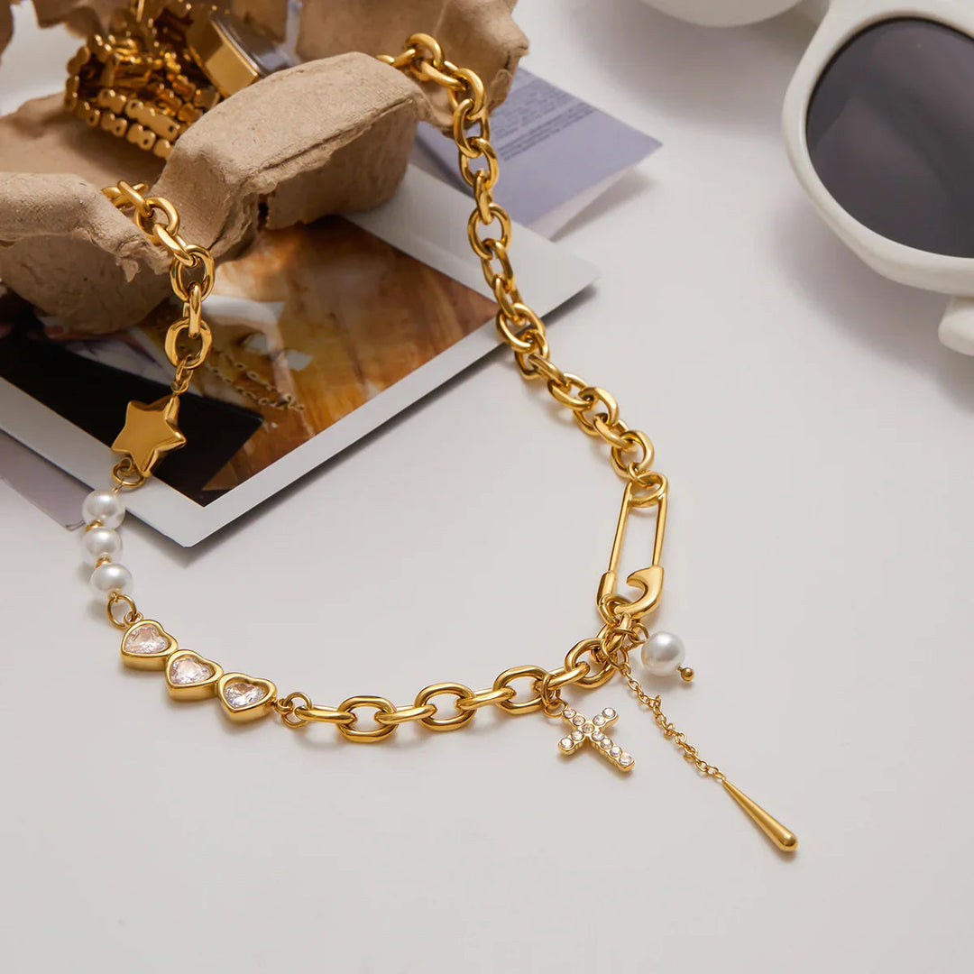 Gold Plated Cubic Zirconia Faux Pearl Chain Necklace for Women