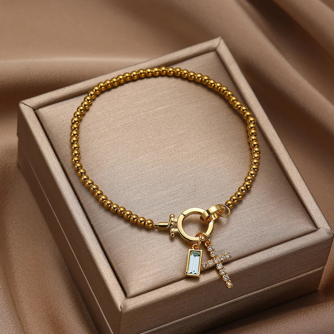 Gold-Plated Crystal Birthstone Cross Bracelet