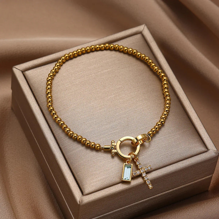 Gold-Plated Crystal Birthstone Cross Bracelet
