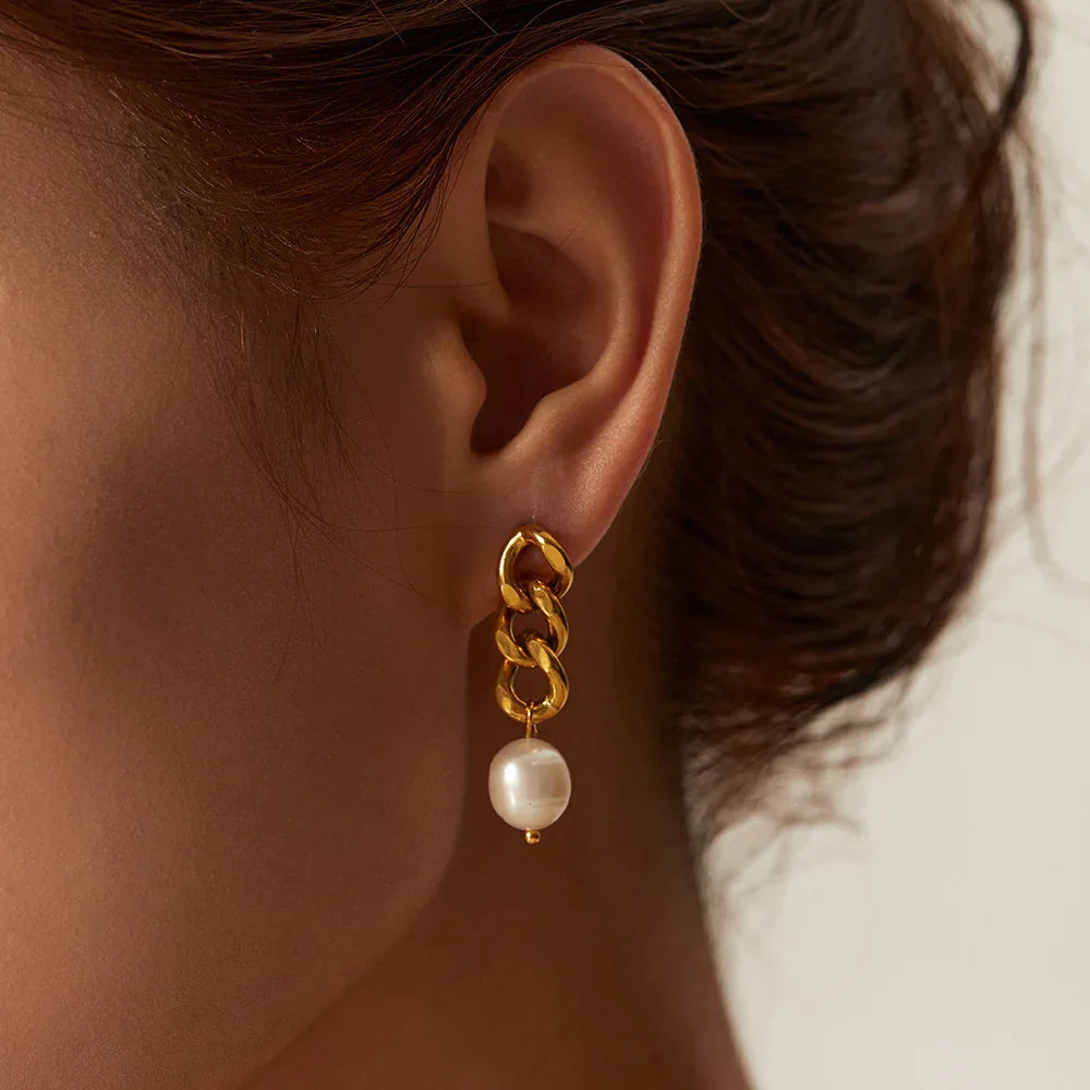 Gold-Plated Faux Pearl Chain Drop Earrings