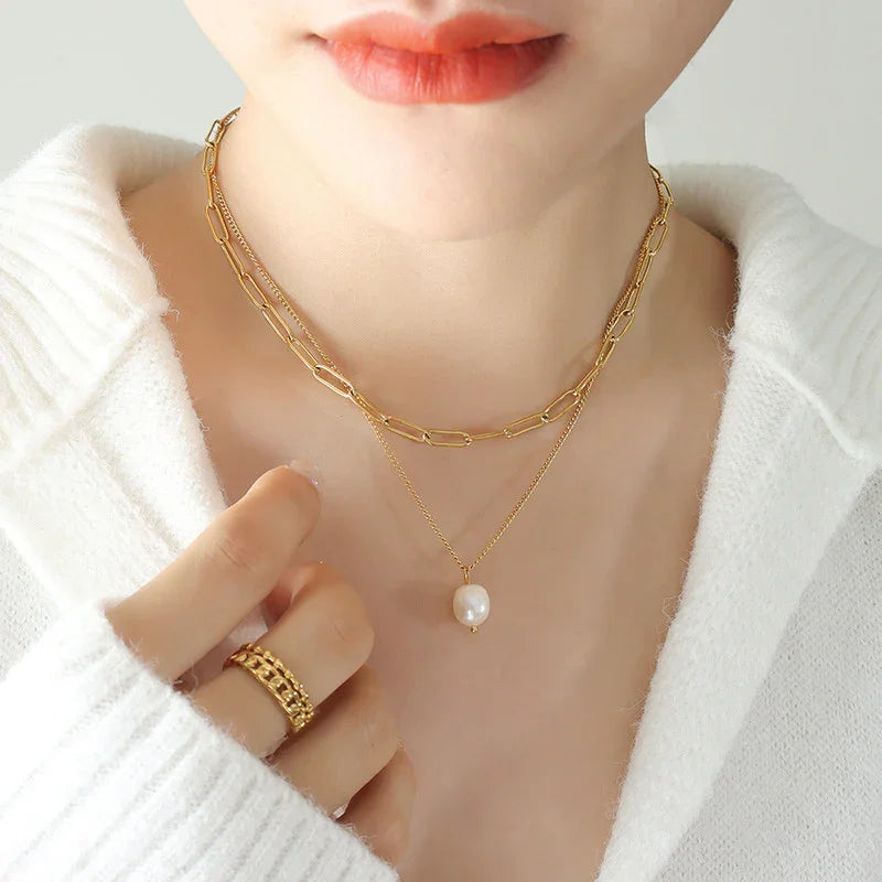 Gold-Plated Layered Faux Pearl Necklace
