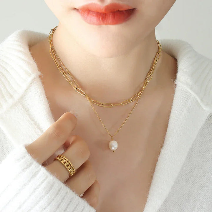 Gold-Plated Layered Faux Pearl Necklace