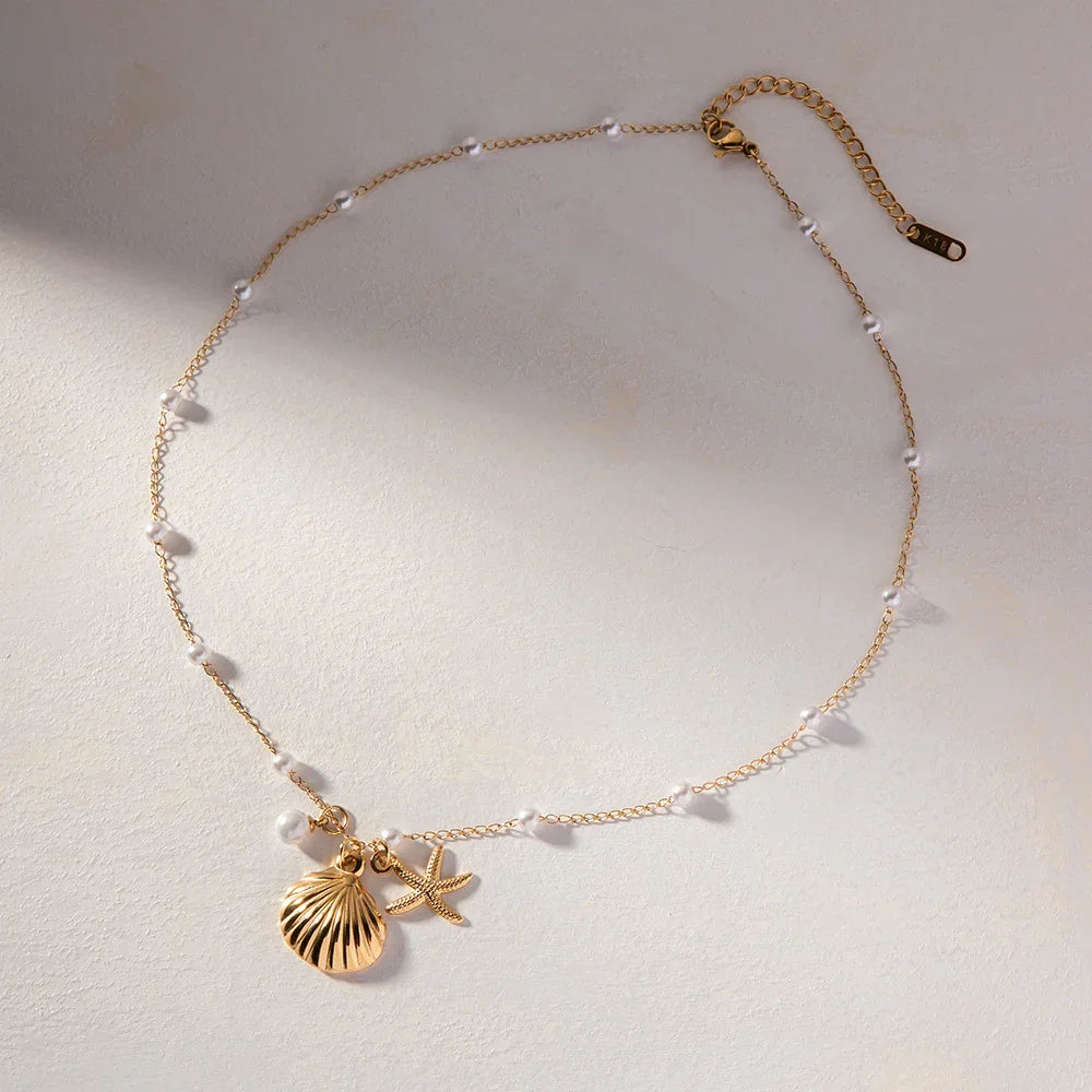 Gold-Plated Necklace with Freshwater Pearls and Seashell and Starfish Pendants
