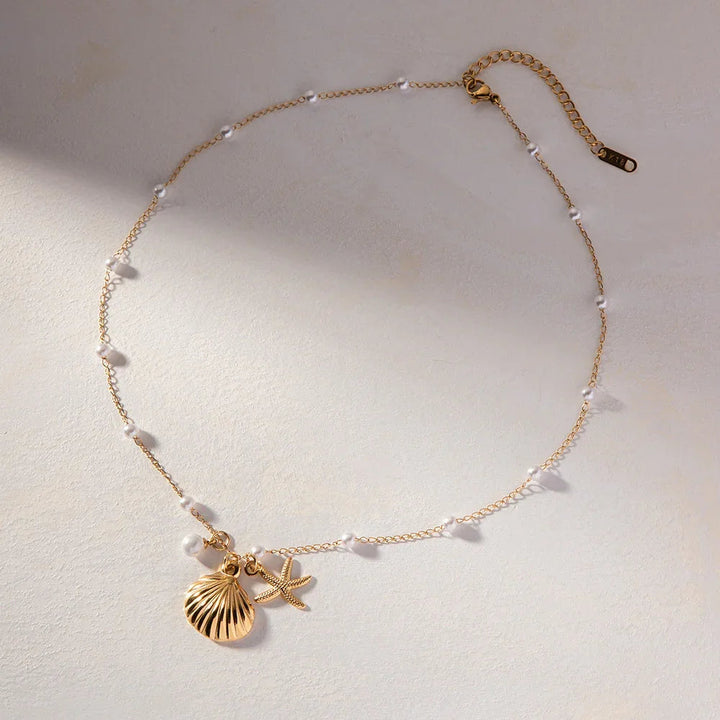 Gold-Plated Necklace with Freshwater Pearls and Seashell and Starfish Pendants