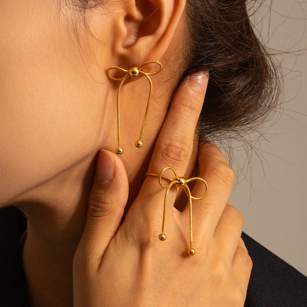 Gold-Plated Ribbon Drop Earrings with Elegant Design