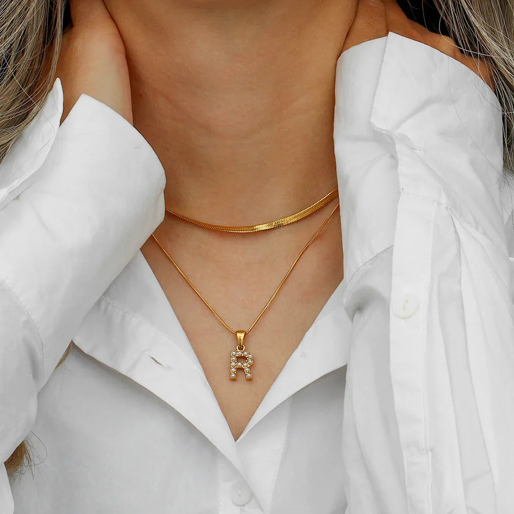 Gold-Plated Layered Initial Letter Necklace with Freshwater Pearls