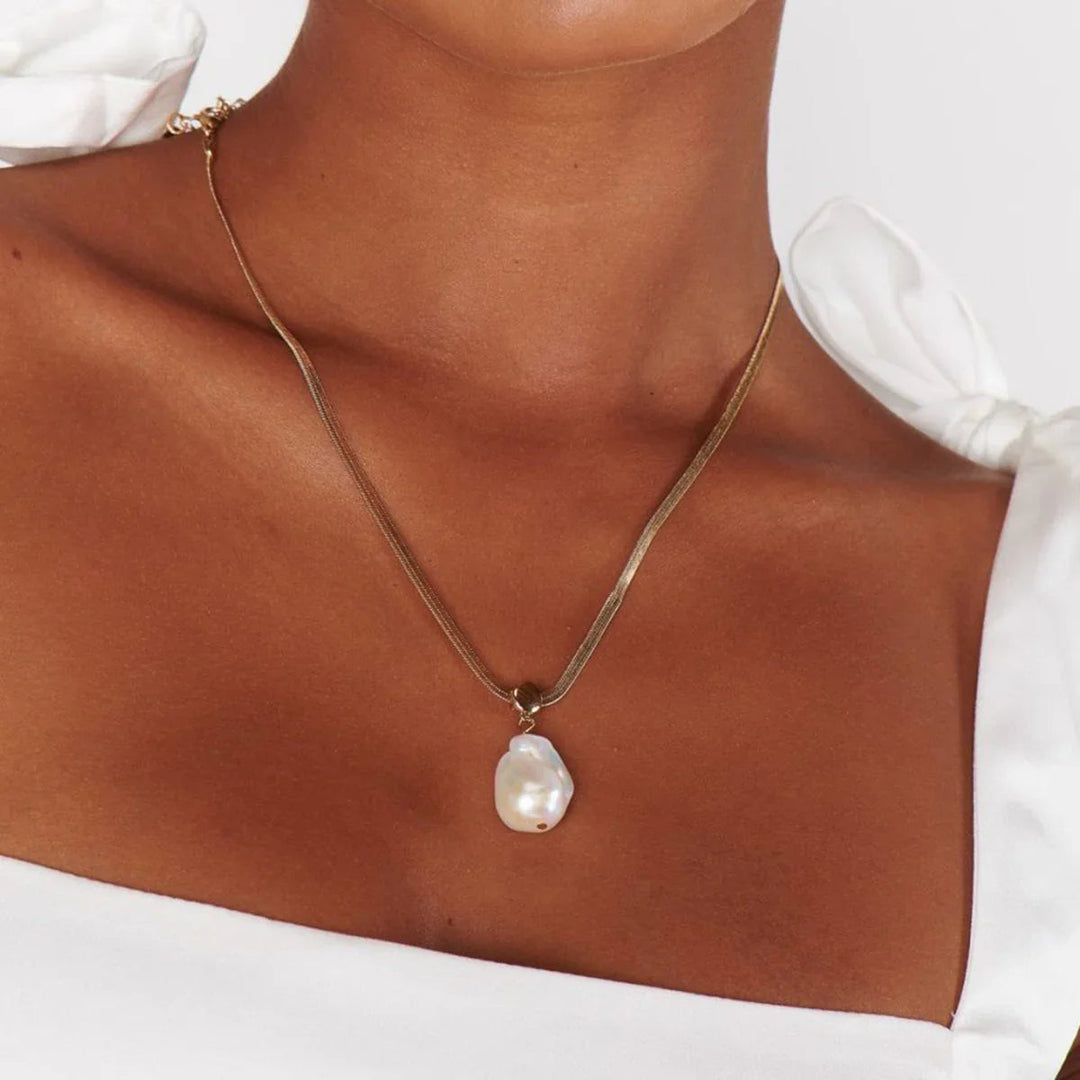 Gold-Plated Faux Pearl Herringbone Pendant Necklace