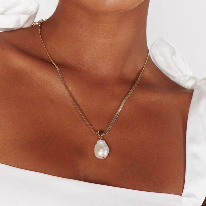 Gold-Plated Faux Pearl Herringbone Pendant Necklace
