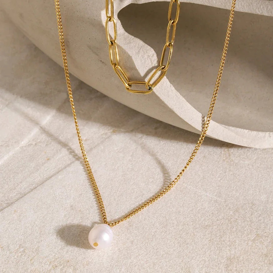 Gold Plated Faux Pearl Layered Pendant Necklace for Women