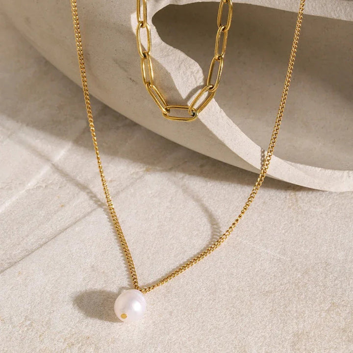 Gold Plated Faux Pearl Layered Pendant Necklace for Women