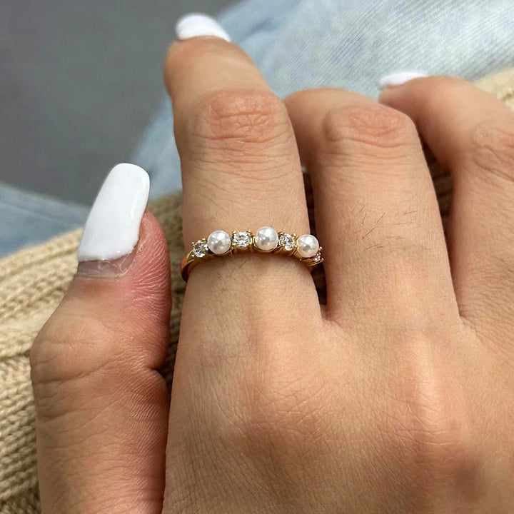 Gold-Plated Faux Pearl CZ Ring for Women