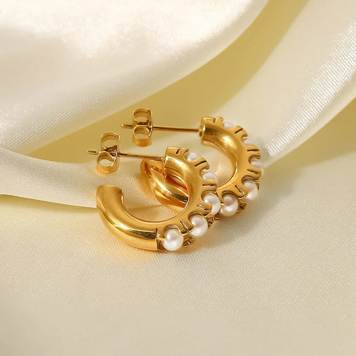 Gold-Plated Faux Pearl Huggie Hoop Earrings Women