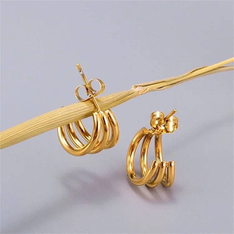 Gold-Plated Hoop Earrings Women Triple Band