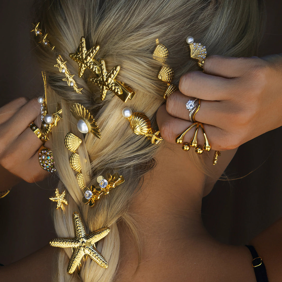 Gold-Plated Seashell Starfish and Faux Pearl Hair Clip