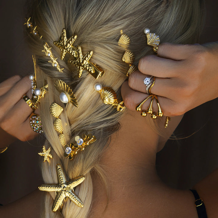 Gold-Plated Seashell Starfish and Faux Pearl Hair Clip