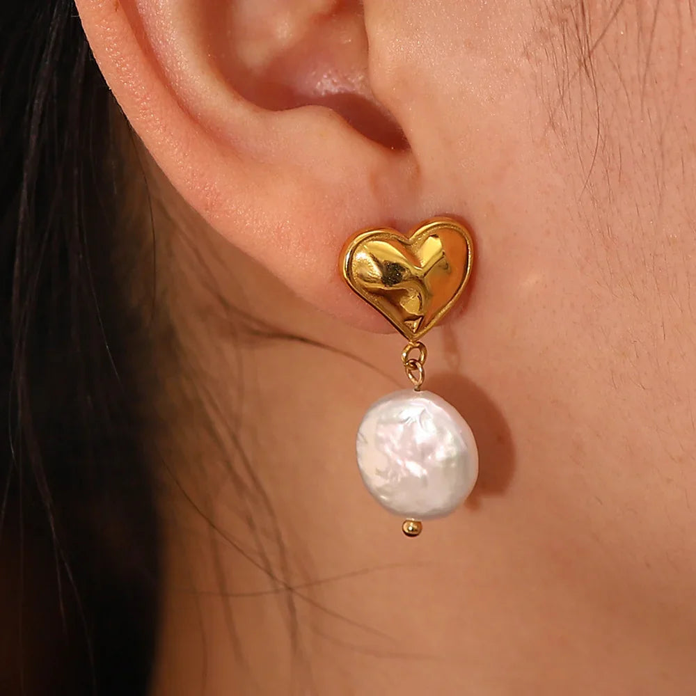 Gold-Plated Freshwater Pearl Earrings with Heart Design