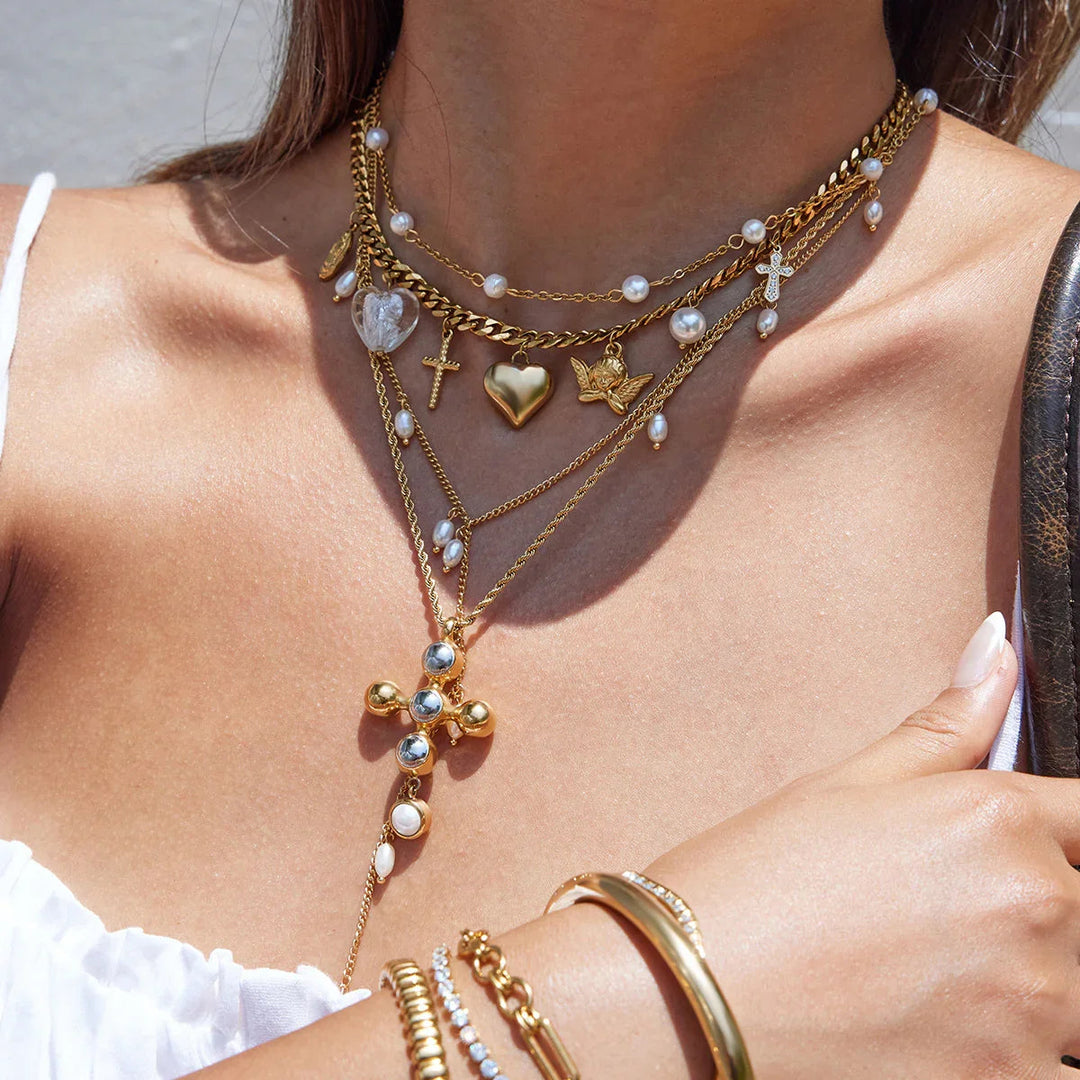Gold Plated Faux Pearl Layered Necklace Set for Women