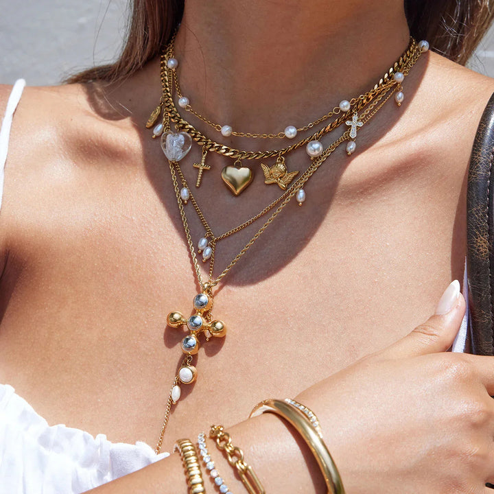 Gold Plated Faux Pearl Layered Necklace Set for Women